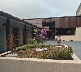 Pátio interno da Casa Hiro com jardim e canteiro de flores